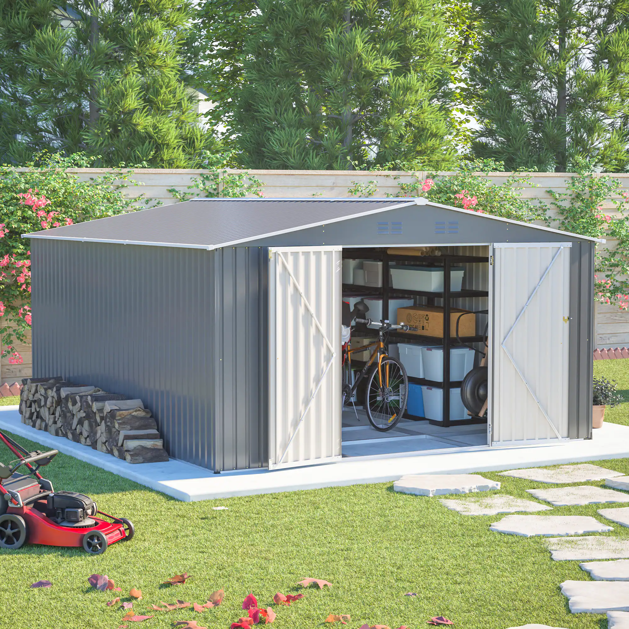 Alt View 7. Loheer - Loheer 12x14 Metal Storage Shed Large Garden Tool Shed Waterproof Yard Building with Lockable Double Doors Light Gray.