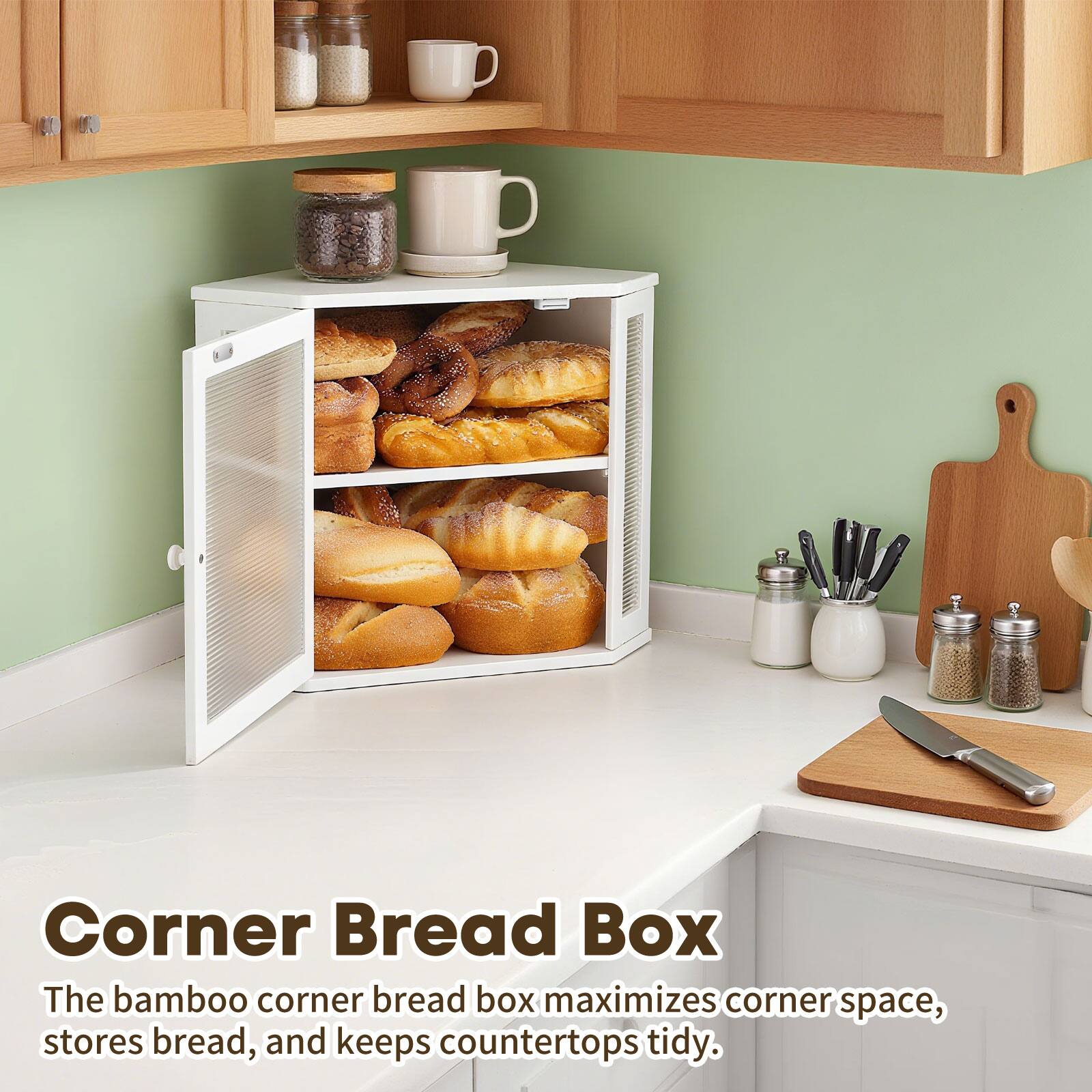 Corner Bread Box

The bamboo corner bread box maximizes corner space, stores bread, and keeps countertops tidy.