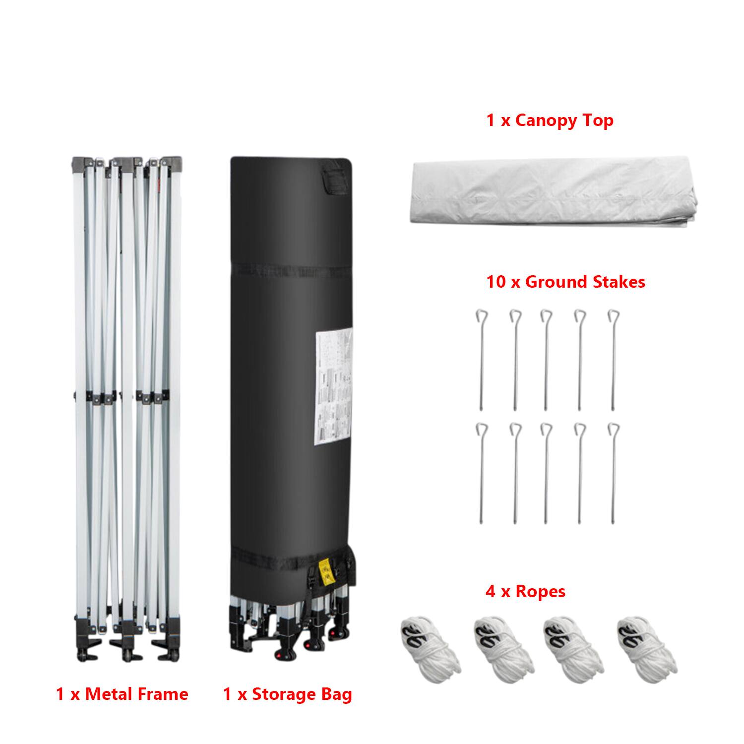 1 x Canopy Top  
10 x Ground Stakes  
4 x Ropes  
1 x Metal Frame  
1 x Storage Bag