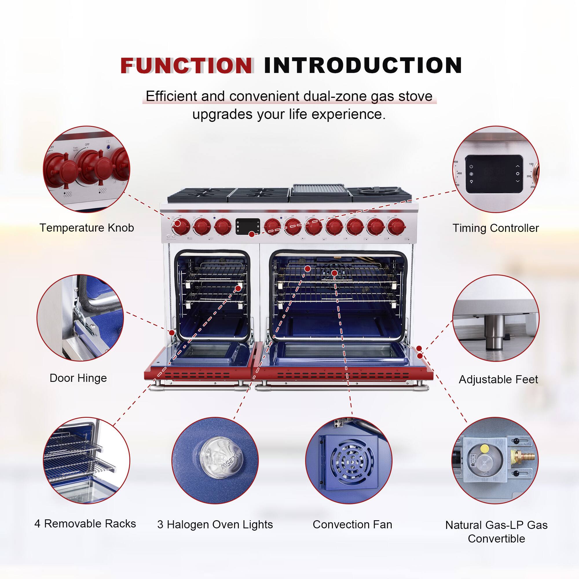 FUNCTION INTRODUCTION  
Efficient and convenient dual-zone gas stove upgrades your life experience.  

- Temperature Knob  
- Timing Controller  
- Door Hinge  
- Adjustable Feet  
- 4 Removable Racks  
- 3 Halogen Oven Lights  
- Convection Fan  
- Natural Gas-LP Gas Convertible