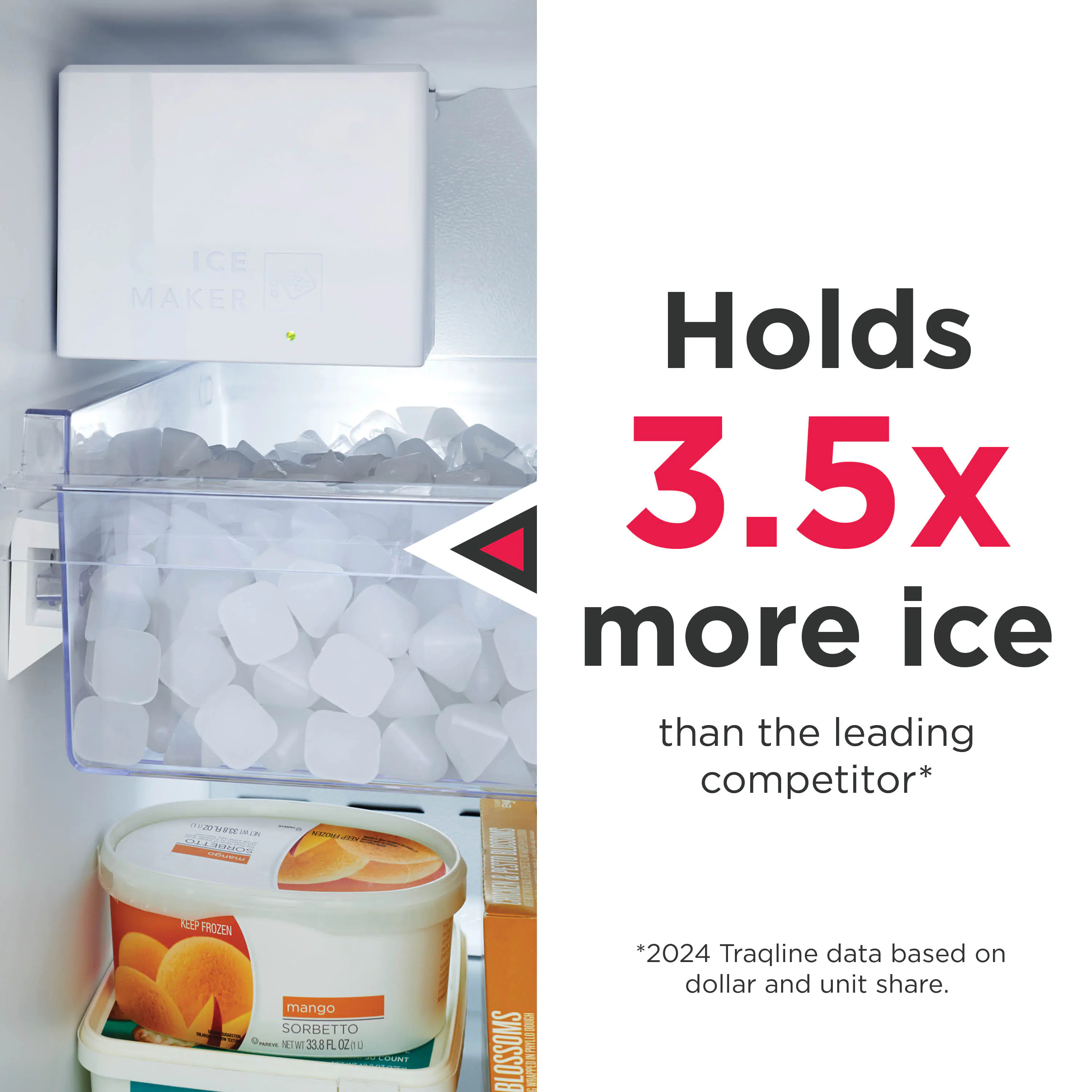 ICE MAKER 2 1220 MP 9 - - -- - R.ICAD Co RD PROZEN mango SORBETTO + Ua 31E FL Qau COUNT Holds 3.5x more ice than the leading competitor* R COIETCK *2024 Traqline data based on dollar and unit share.
