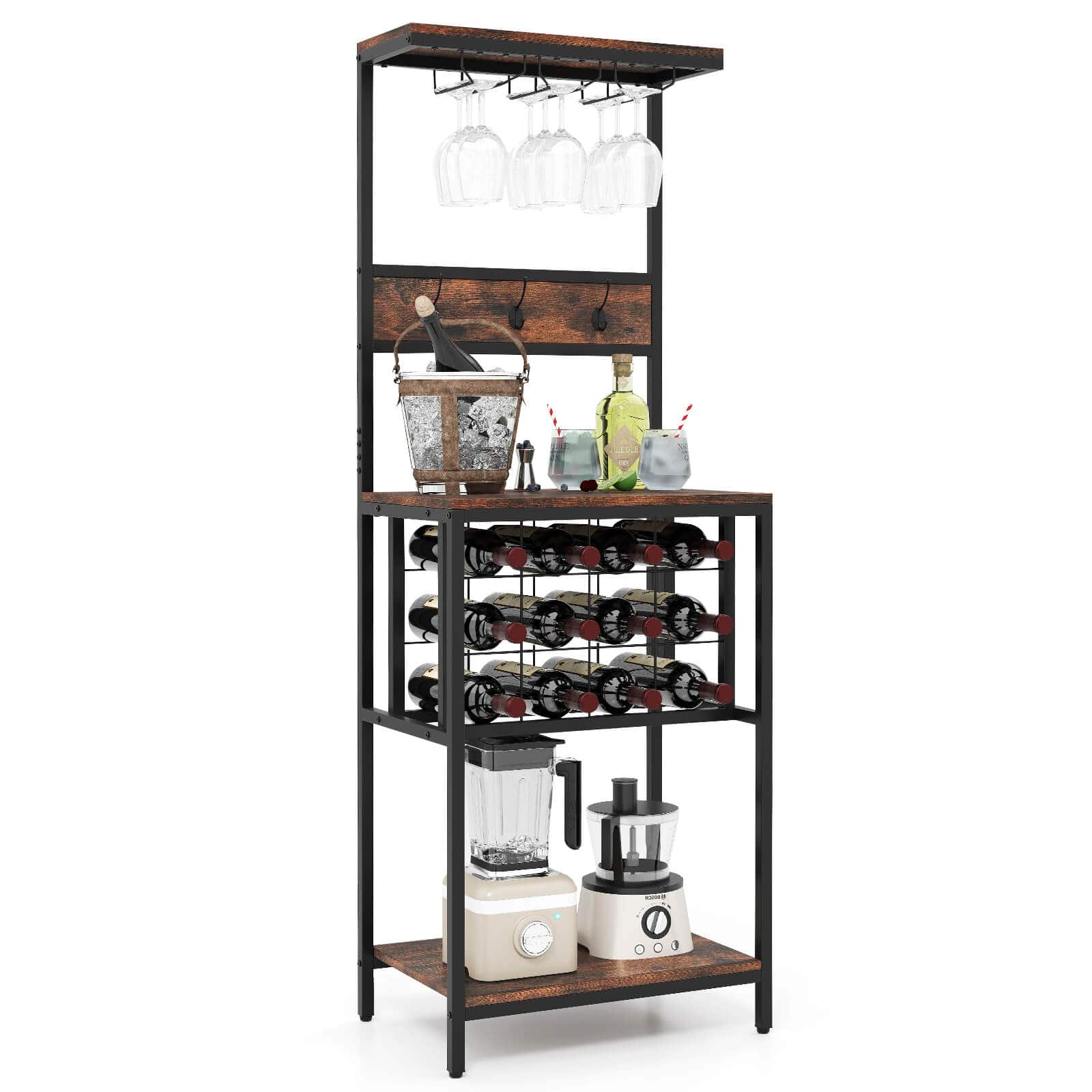 Costway - Wine Rack Freestanding Floor with Countertop Wine and Glass Holder Wine Shelf - Rustic Brown,Black price history on PriceWatchPro