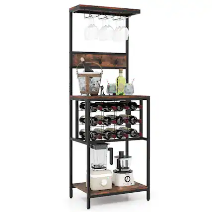 Front. Costway - Costway Wine Rack Freestanding Floor with Countertop Wine and Glass Holder Wine Shelf - Rustic Brown,Black.