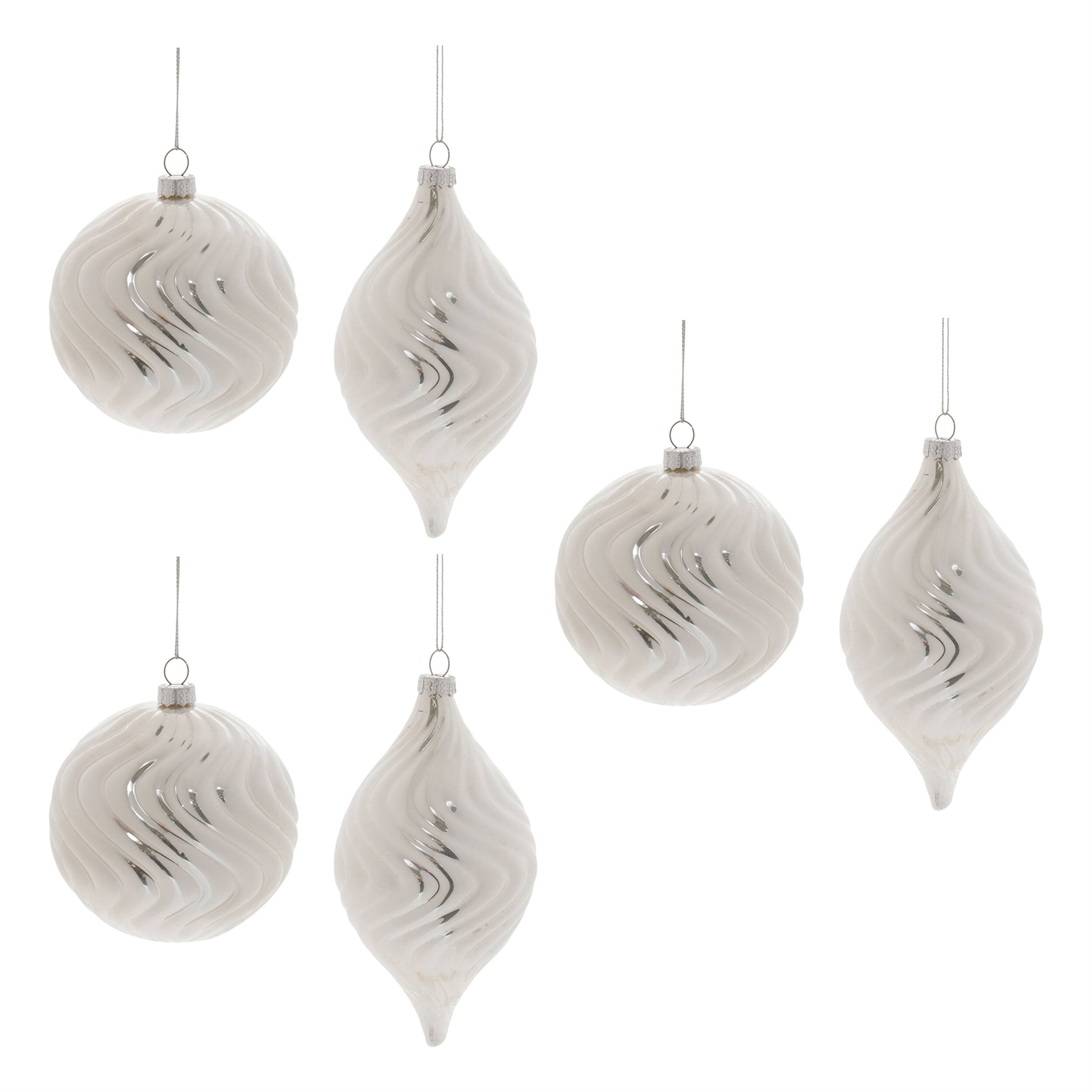 Left. BreeBe - Ivory Wavy Glass Ornament (Set of 6) - Silver.