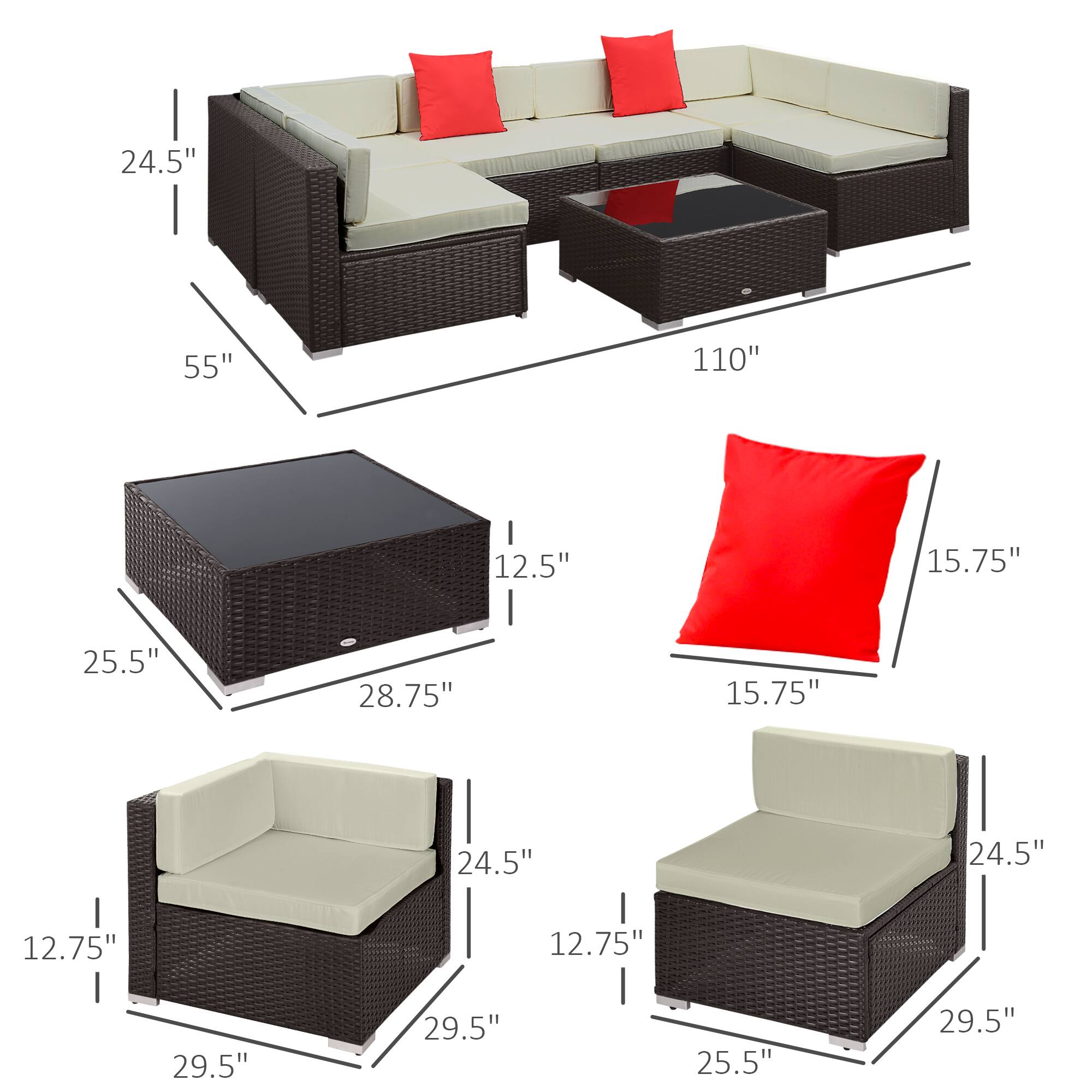 The text can be grouped as follows:

- Sofa: 24.5", 55", 110"
- Coffee table: 25.5", 28.75", 12.5"
- Armchair: 24.5", 29.5", 12.75"
- Cushion: 15.75"