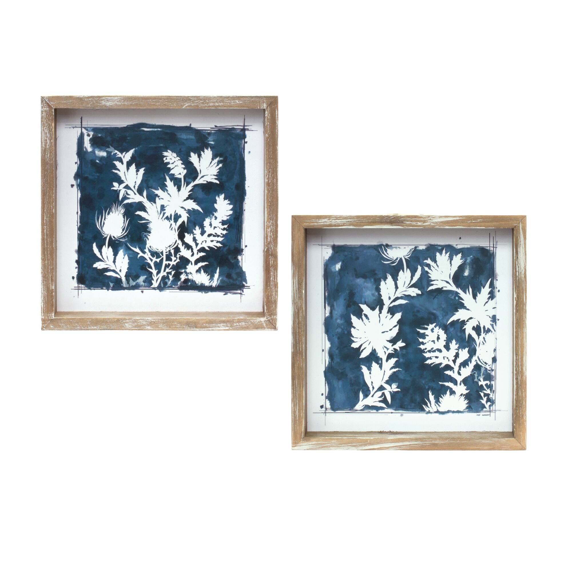 Angle. BreeBe - Wood Framed Floral Outline Print (Set of 6) - White, Blue, Brown.