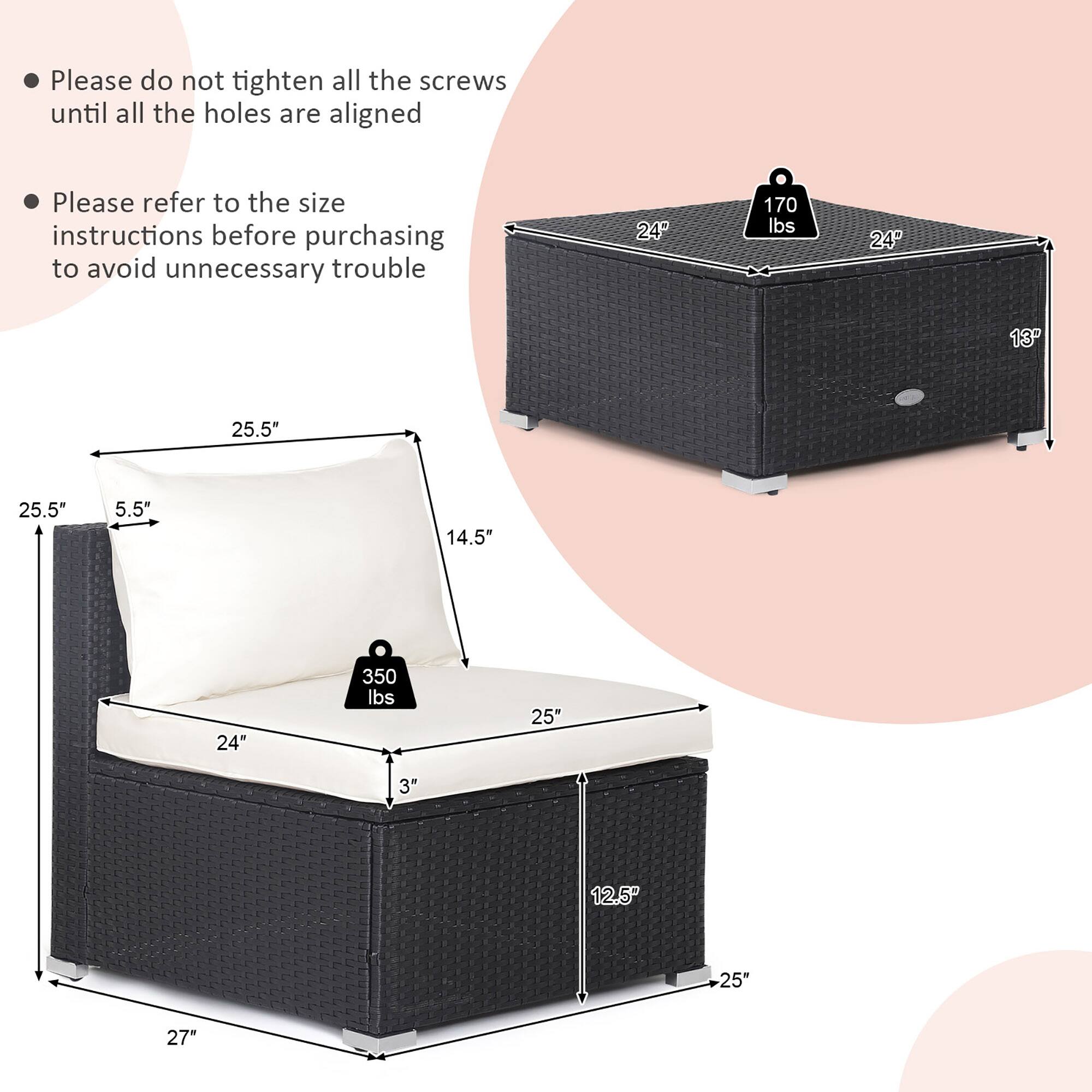 Please do not tighten all the screws until all the holes are aligned

Please refer to the size instructions before purchasing to avoid unnecessary trouble

24" 170 lbs
24" 13
25.5" 25.5"
5.5" 14.5"
24" 350 lbs
25" 3"
12.5 25"
27"