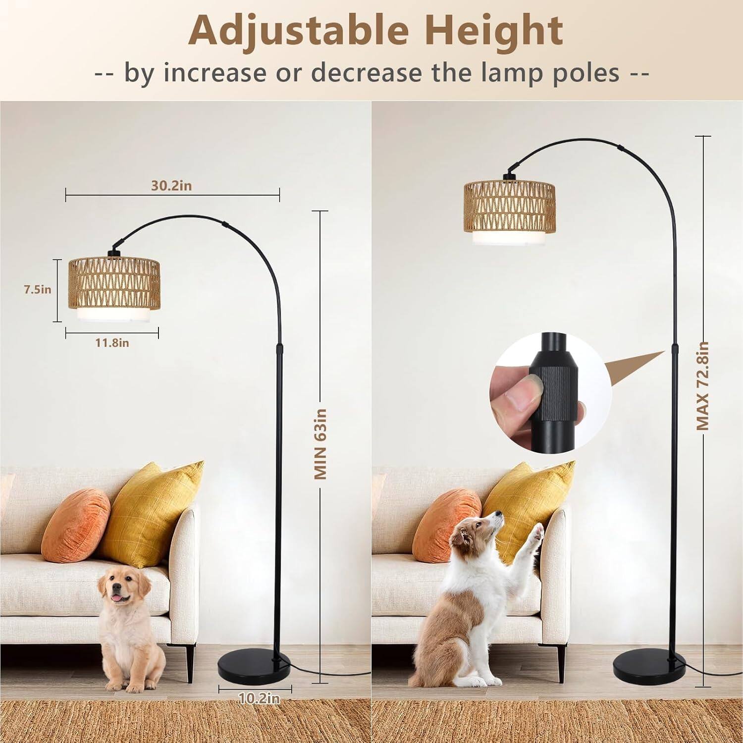 Adjustable Height  
-- by increase or decrease the lamp poles --  

30.2in  
7.5in  
11.8in  
MIN 63in  
MAX 72.8in  
10.2in
