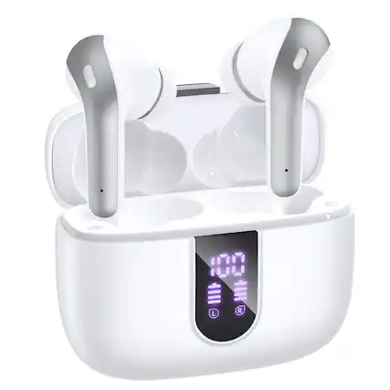 Front. VEAT00L - VEAT00L True Wireless Earbuds | 60H Playback, LED Display, Wireless Charging, IPX7 Waterproof, In-Ear Mic, Multi-Device - White.