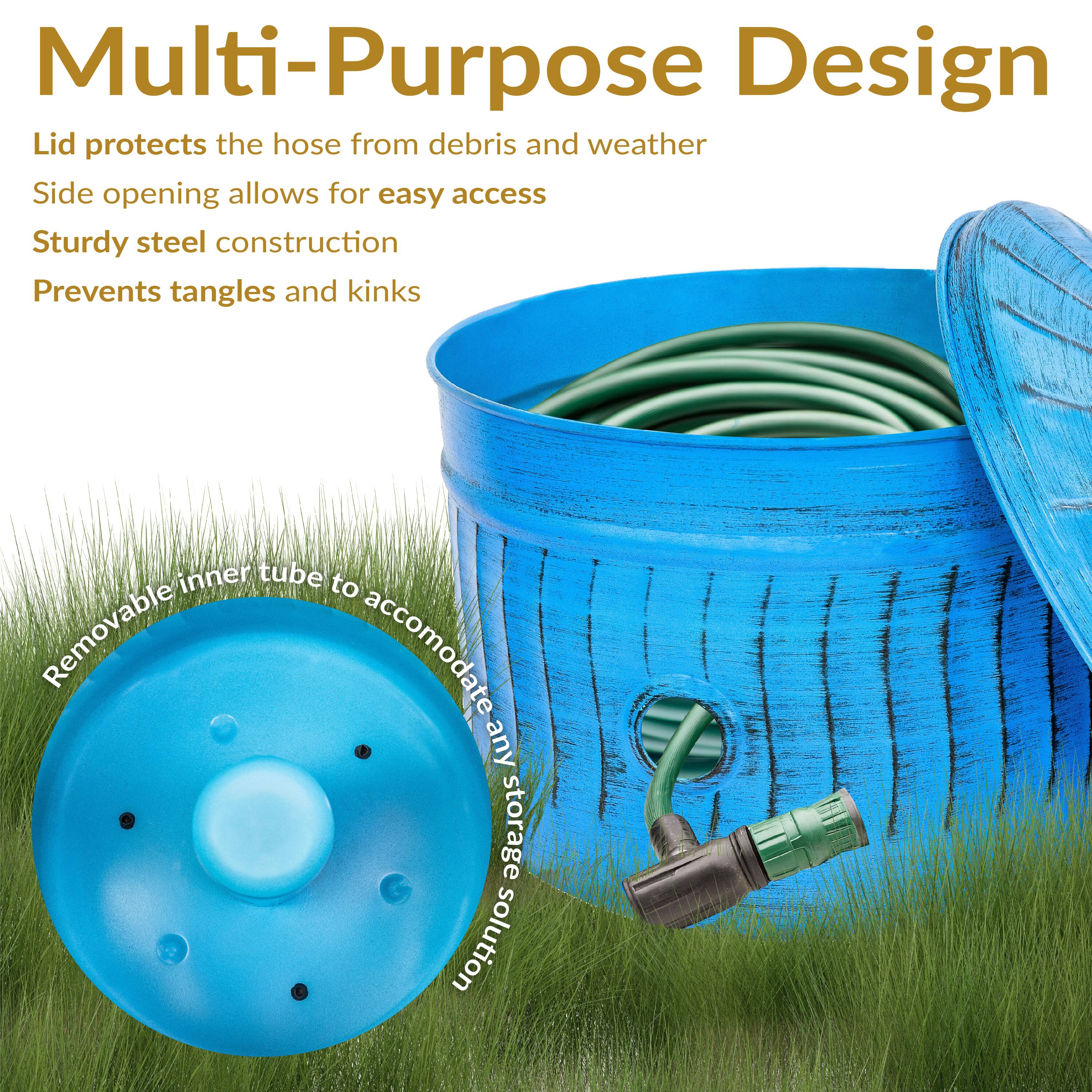 Multi-Purpose Design

- Lid protects the hose from debris and weather
- Side opening allows for easy access
- Sturdy steel construction
- Prevents tangles and kinks
- Removable inner tube to accommodate any storage solution