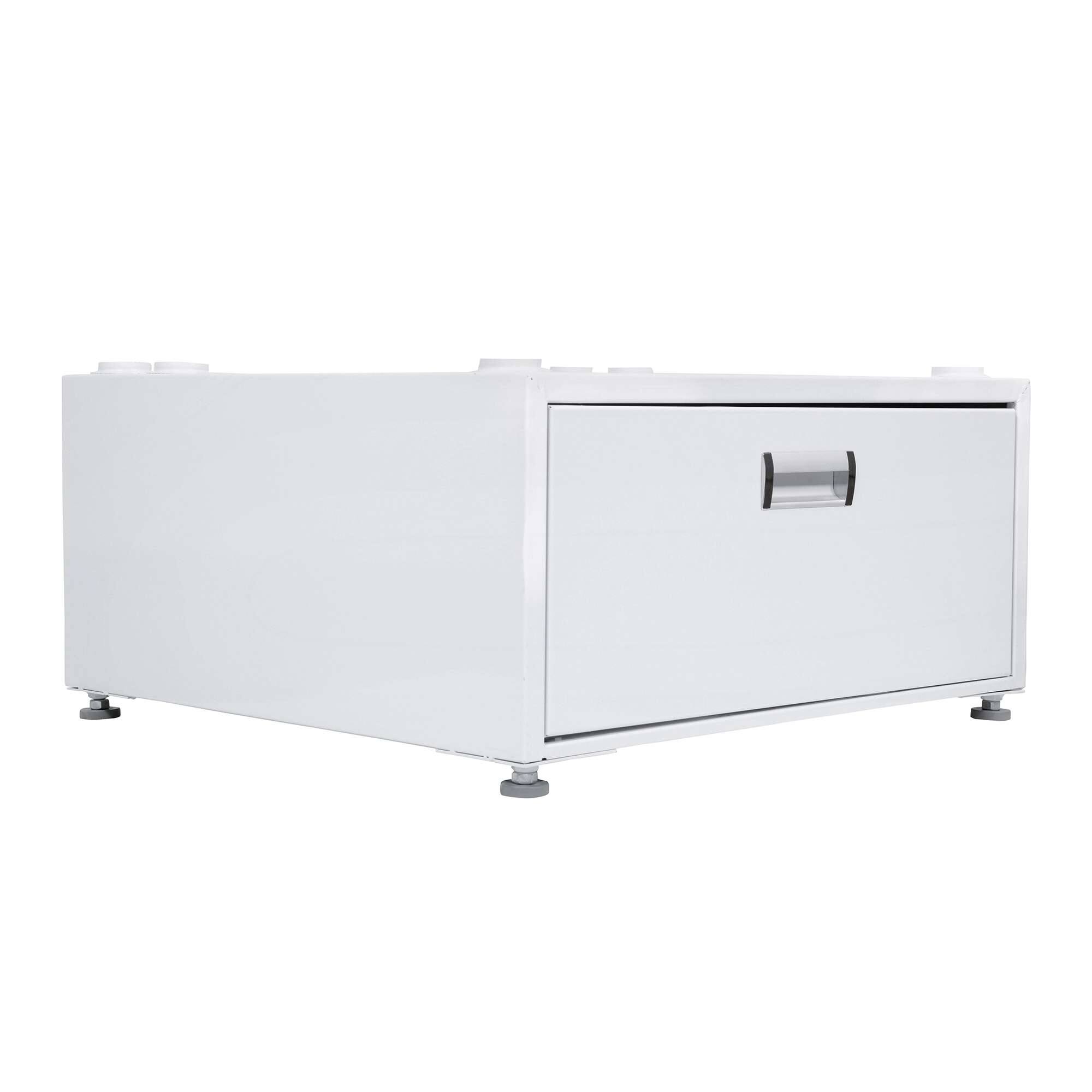 Left. Equator - Equator 24in Laundry Pedestal 11in tall + Rollout Storage Drawer Adjustable feet.