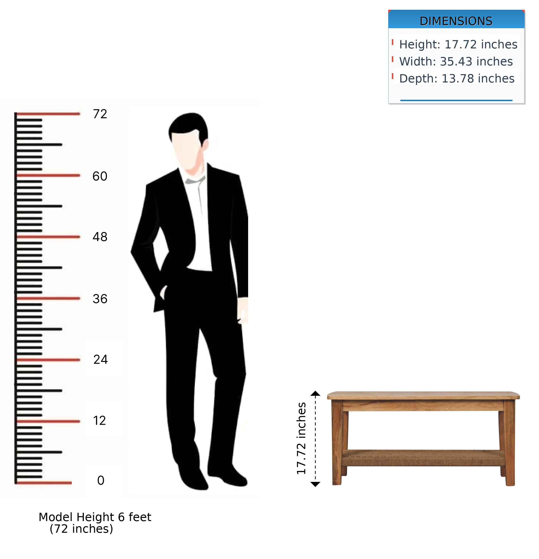 DIMENSIONS  
Height: 17.72 inches  
Width: 35.43 inches  
Depth: 13.78 inches  

72  
60  
48  
36  
24  
12  
0 inches  

Model Height 6 feet (72 inches)