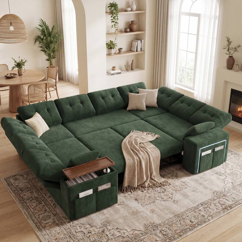 Alt View 5. Dyonery - Dyonery 112" Modular Convertible Sectional Sleeper Sofa with Pull Out Bed,Linen Convertible Couch with Storage Seat - Green.