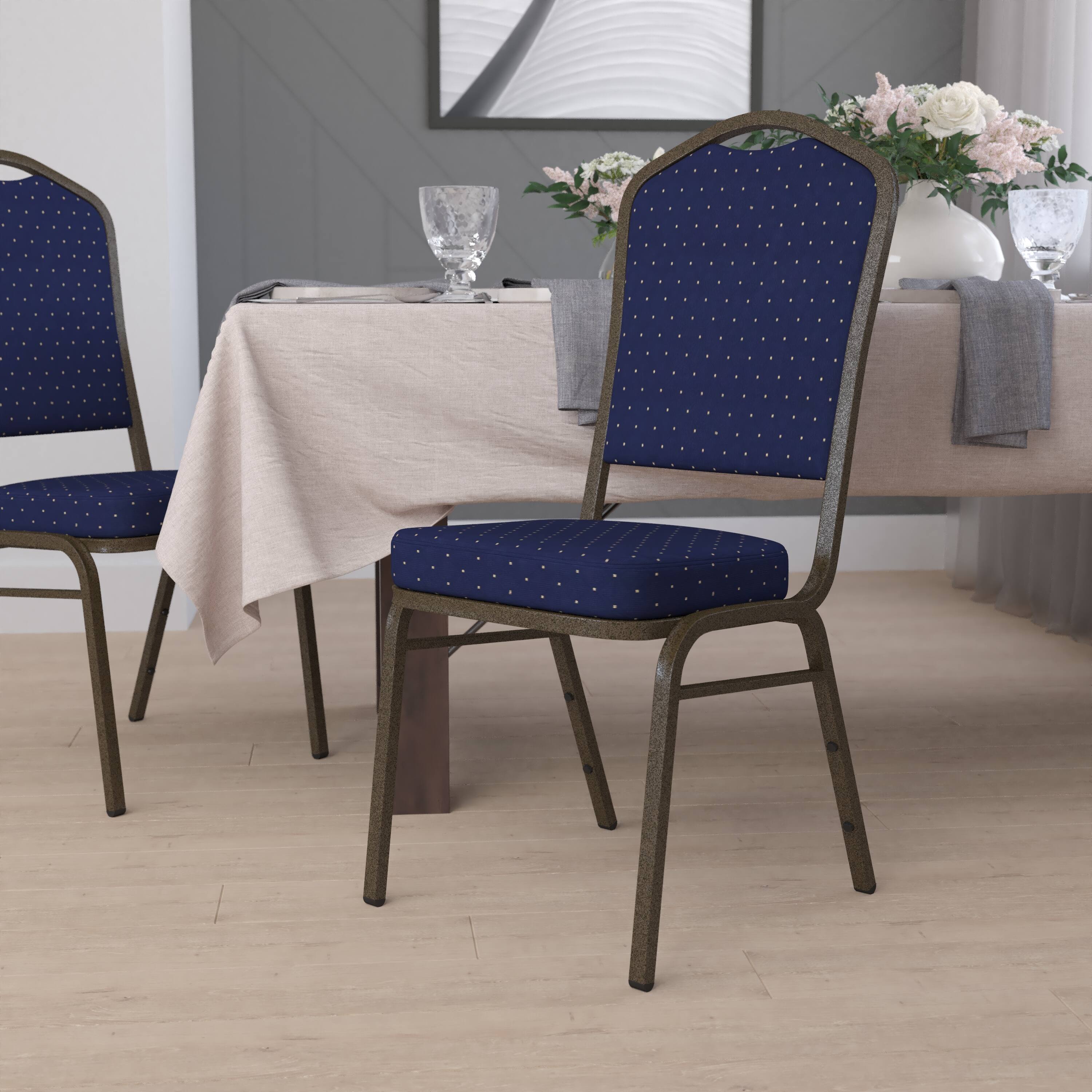 Alt View 1. Emma + Oliver - Crown Back Stacking Banquet Dining Chair - Navy Blue Dot Patterned Fabric/Gold Vein Frame.