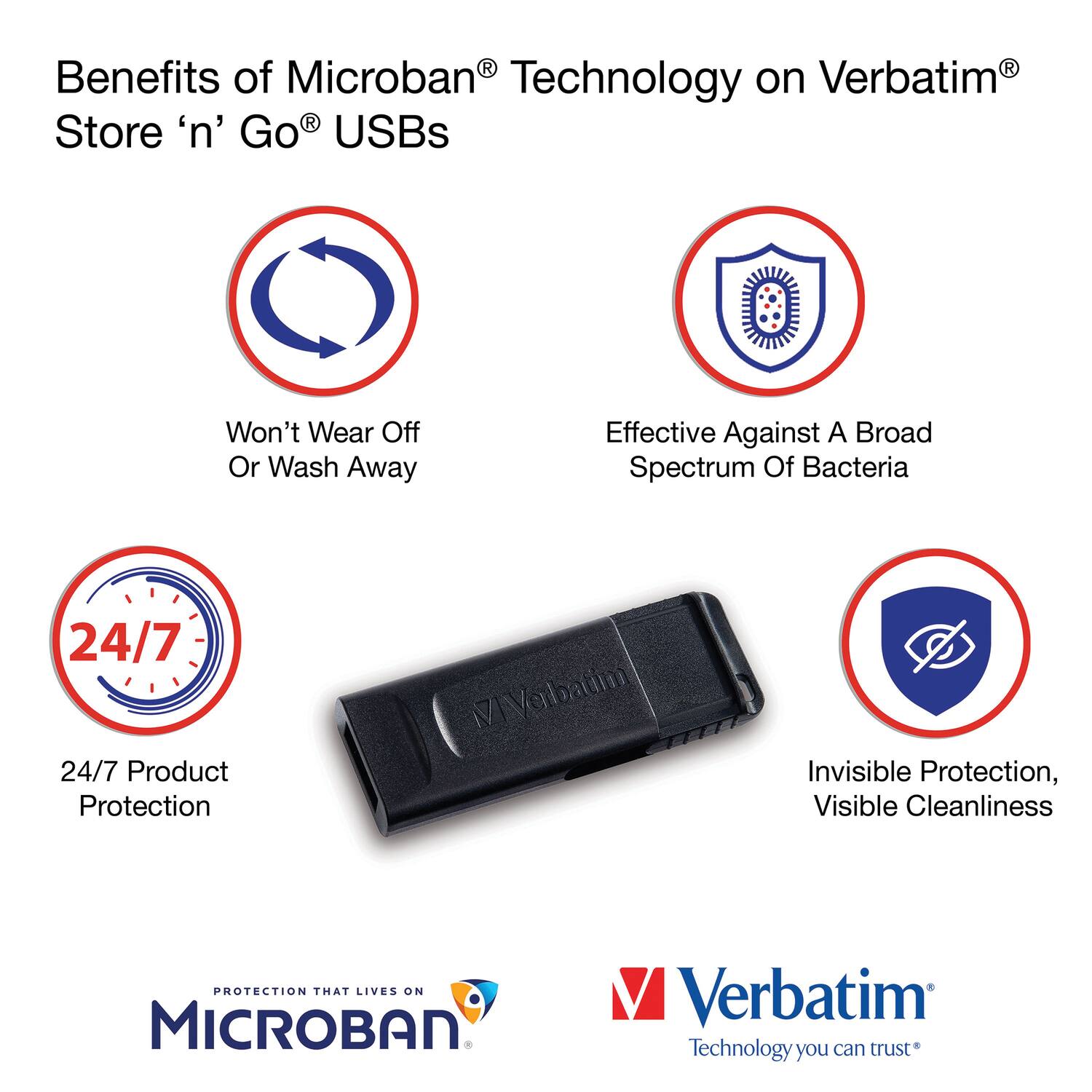 Benefits of Microban® Technology on Verbatim® Store 'n' Go® USBs

- Won't Wear Off Or Wash Away
- Effective Against A Broad Spectrum Of Bacteria
- 24/7 Product Protection
- Invisible Protection, Visible Cleanliness

PROTECTION THAT LIVES ON MICROBAN®

Verbatim® Technology you can trust®