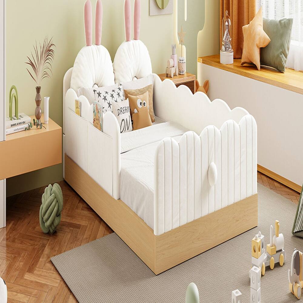 Alt View 3. Loheer - Loheer Twin Size Upholstered Platform Bed Beige Velvet Kids Bed with Storage Bags Animal Pillows No Box Spring Required - Beige.