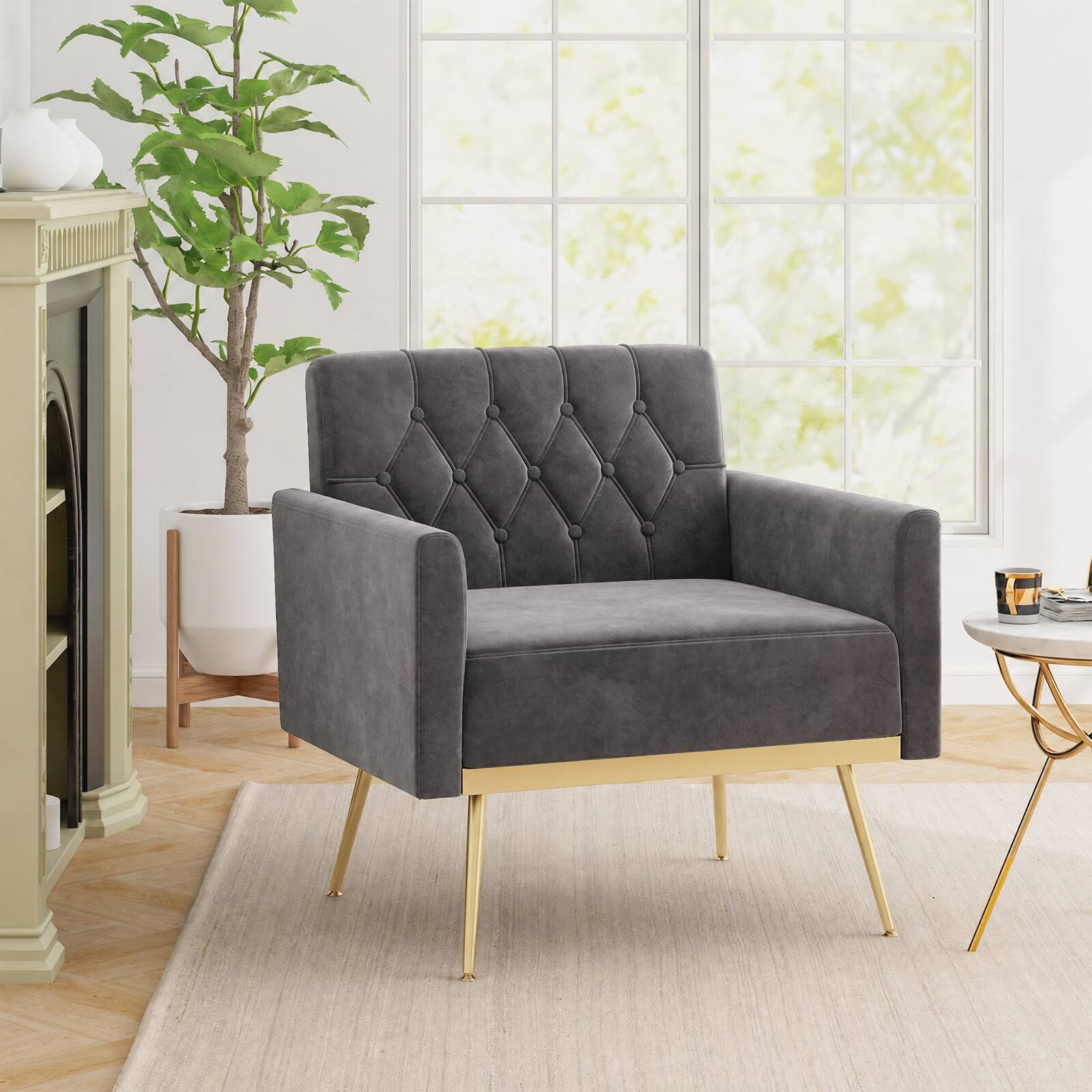 Alt View 4. Costway - Costway Mid-century Upholstered Accent Chair with Button Tufted Back, Golden Metal Legs - Gray.