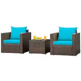 Costway - 3PCS Patio Rattan Furniture Set Conversation Sofa Cushioned - Turquoise