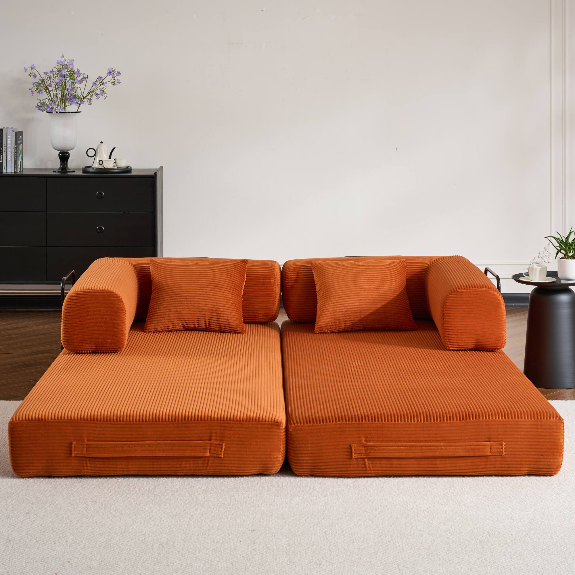 Alt View 4. GOODSILO - Convertible Sleeper Sofa in Cylindroy Fabric | Features a Cylindrical Pillow & Space-Saving Foldable Design - Orange.