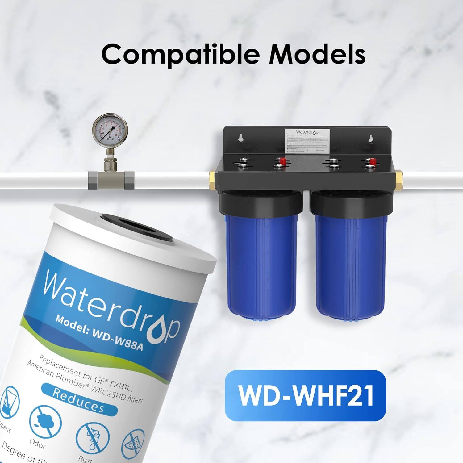 Compatible Models: WD-WHF21

Waterdrop Model: WD-W88A
Replacement for GE FXHTC WRC25HD filters
Reduces Odor Degree of Fluoride Rust