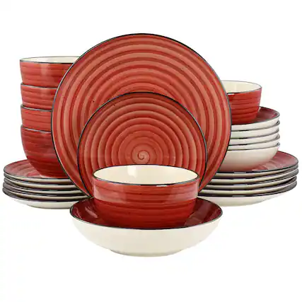 Front. Elama - Elama Gia 24 Piece Round Stoneware Dinnerware Set in Red - Red.