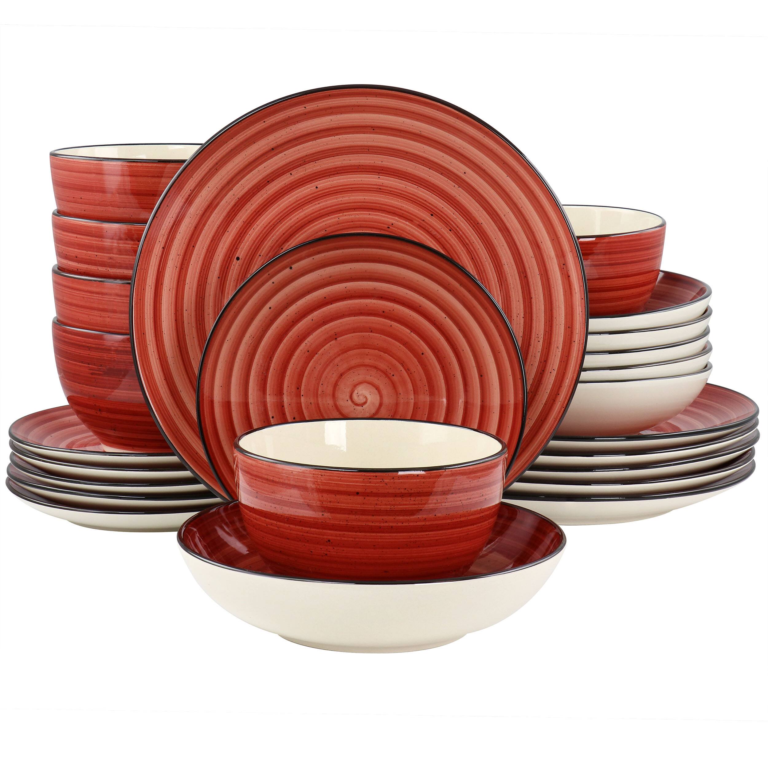 Elama - Gia 24 Piece Round Stoneware Dinnerware Set - Red