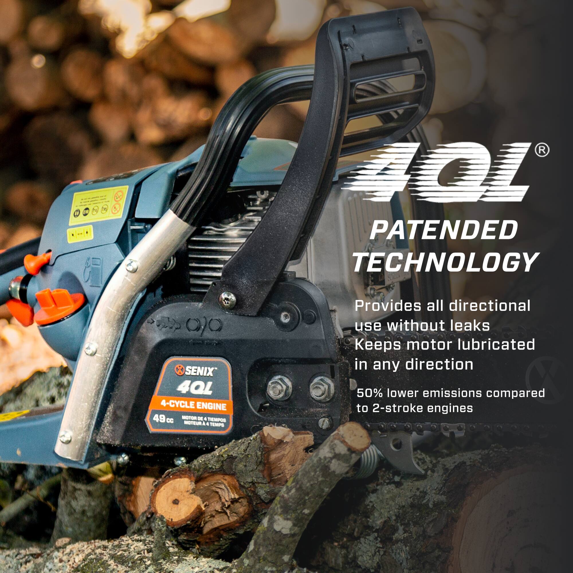 M . 401 PATENTED TECHNOLOGY

SENIX 40L 4-CYCLE ENGINE 49 MOTOR - MOTOR DE 4 TIEMPOS - MOTEUR A 4 TEMPS

Provides all directional use without leaks
Keeps motor lubricated in any direction
50% lower emissions compared to 2-stroke engines