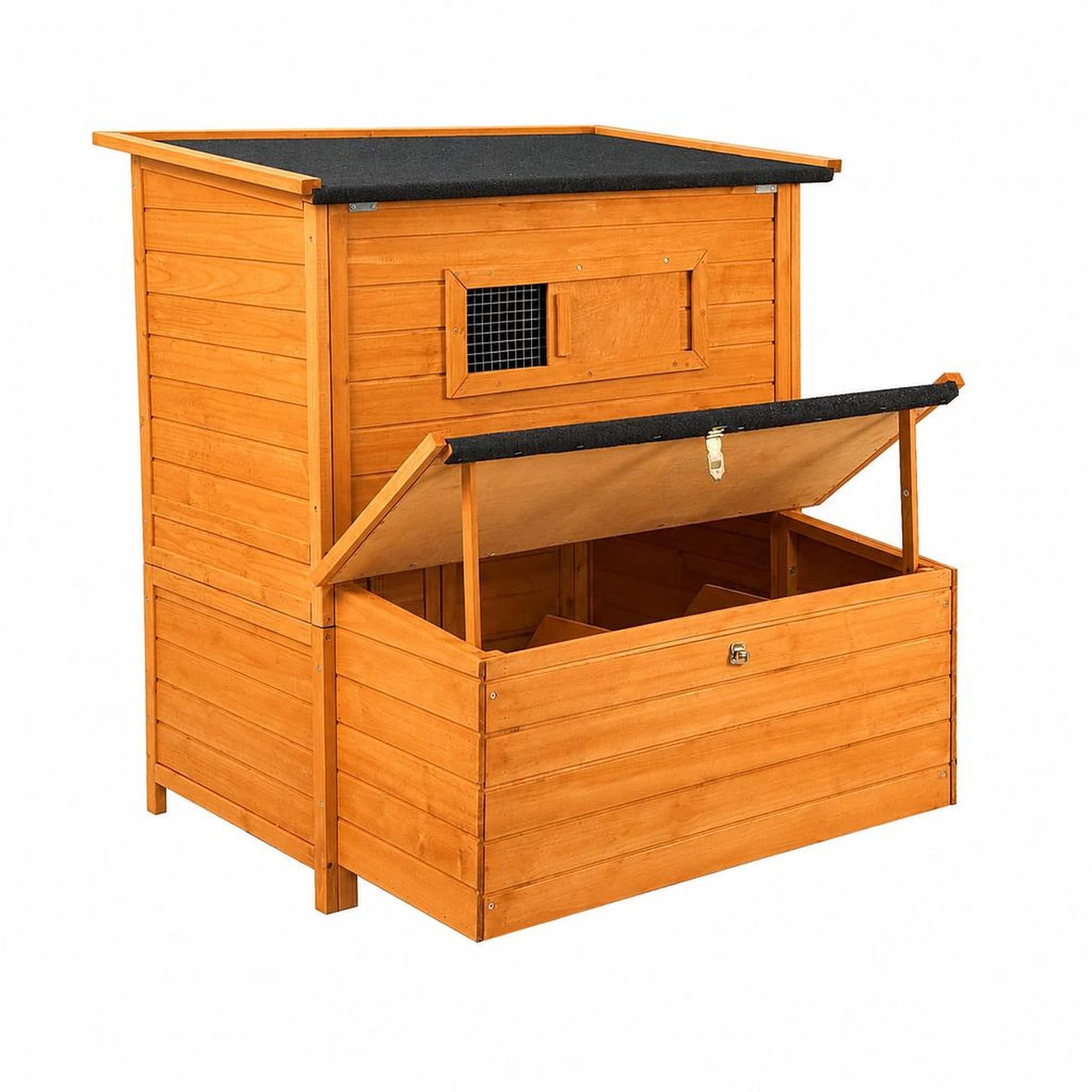 RYHNUYNE - Wooden Chicken Coop for 6-8 Chickens, Double House Design, 3 Nesting Boxes, 2 Pull-Out Trays, Foldable Ramp