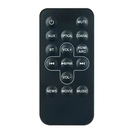MUTE
OPTICAL
COAXIAL
AUX
OPTICAL
COAXIAL
HDMI ARC
BT
VOL+
VOL-
VOLPAIR
NEWS
MOVIE
MUSIC