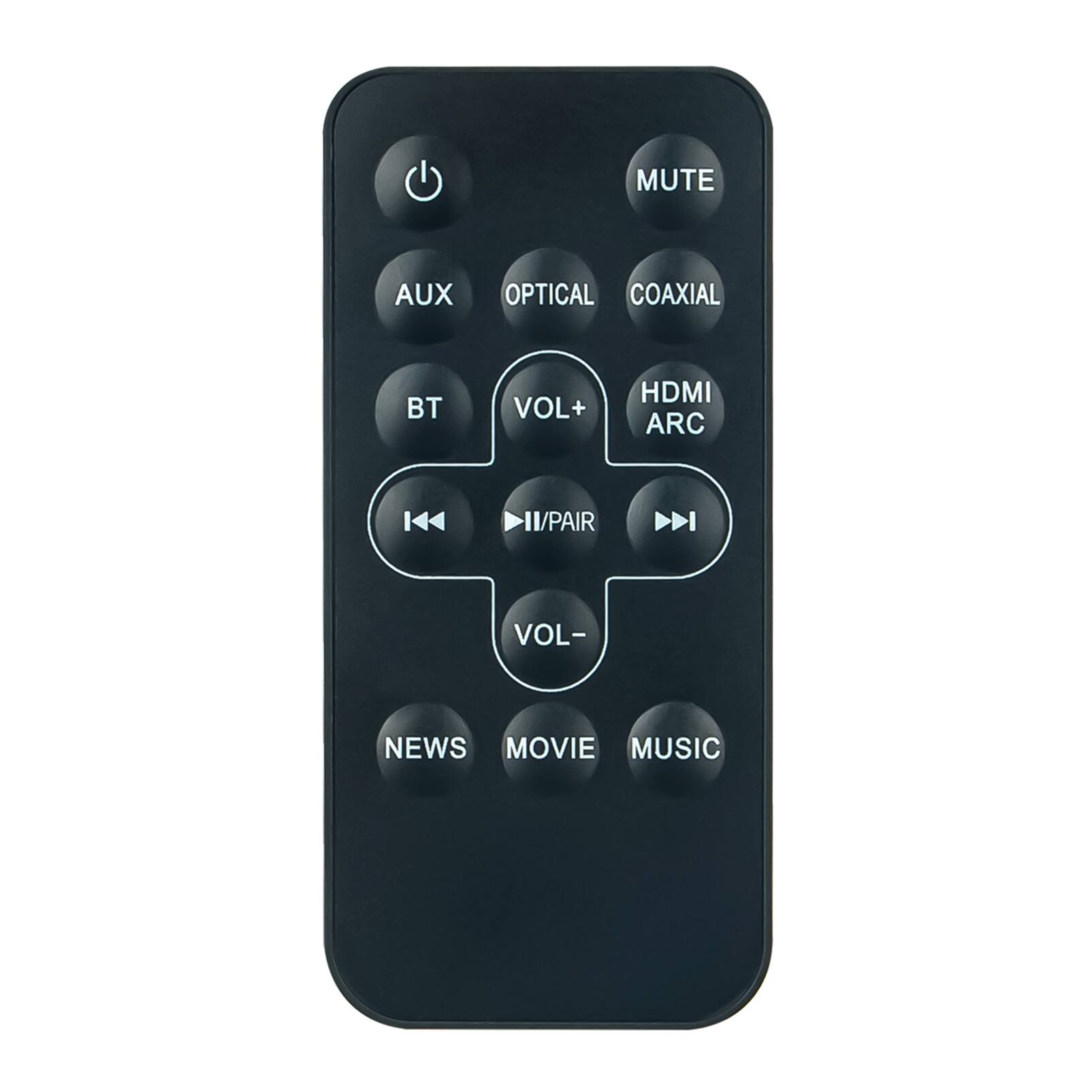 MUTE  
OPTICAL  
COAXIAL  
AUX  
OPTICAL  
COAXIAL  
HDMI ARC  
BT  
VOL+  
VOL-  
VOLPAIR  
NEWS  
MOVIE  
MUSIC