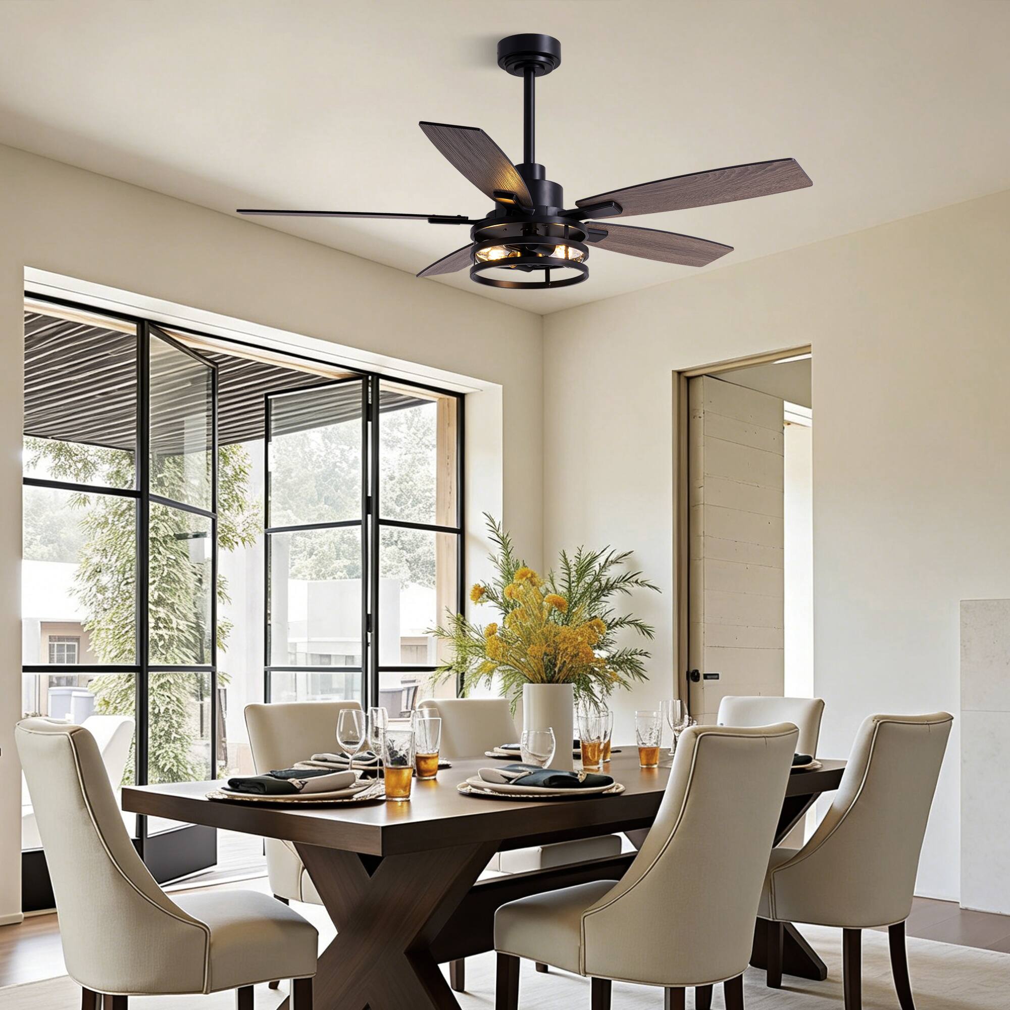 Left. Siljoy - 52 Inch Black Caged Farmhouse Ceiling Fan with Lights & Remote for Bedroom, Living Room & Patio Indoor/Outdoor - Black.