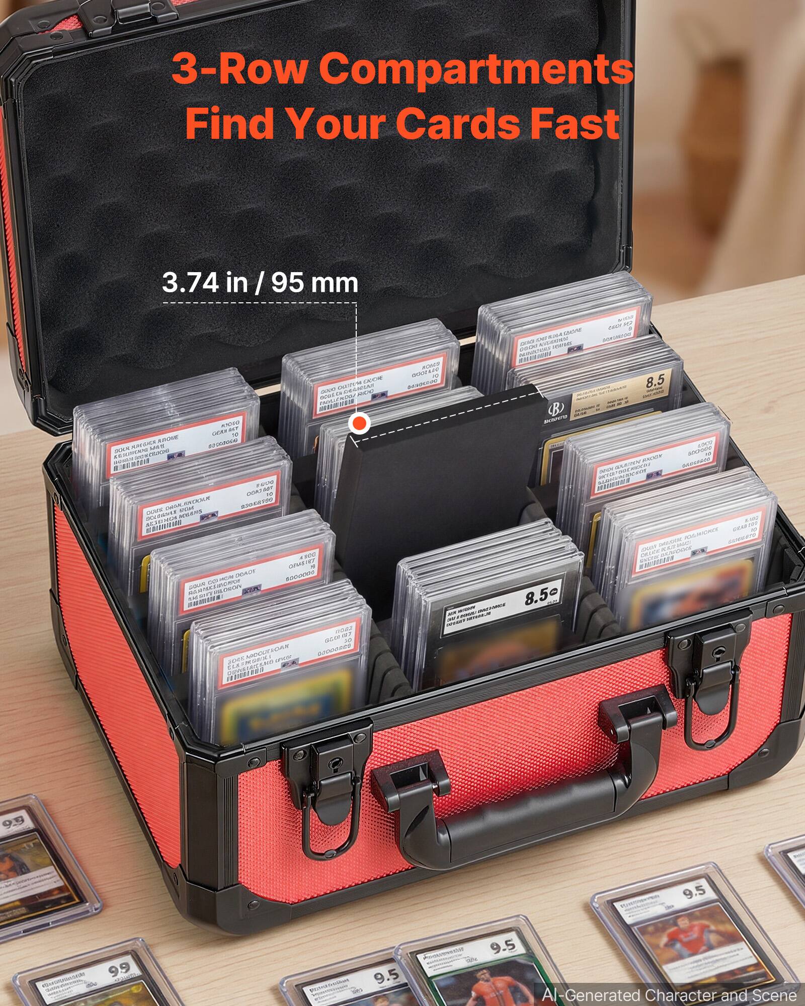 3-Row Compartments Find Your Cards Fast  
3.74 in / 95 mm  

AI-Generated Character and Scene