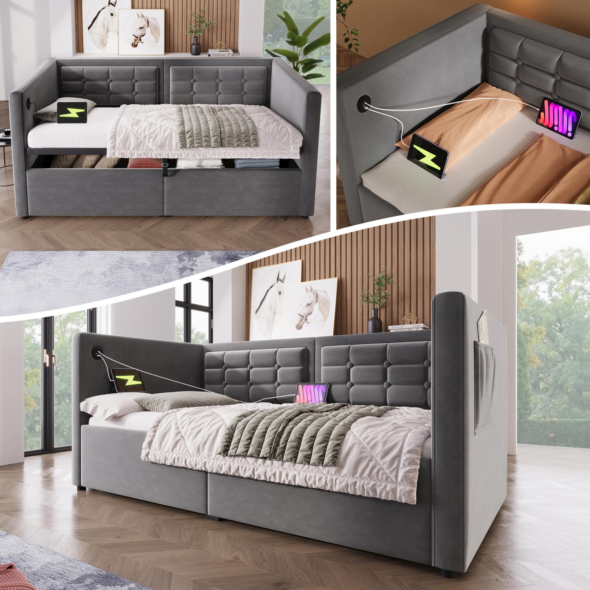 GOODSILO - Upholstered Twin Size Daybed with Hydraulic Storage and USB Charging, Tufted Sofa Back Design - Gray