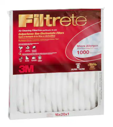 Filtrete Filters
Air Cleaning Filter/Filtro purificador de aire
Outperforms Non-Electrostatic Filters
Supera el desempeño de los filtros no electrostáticos
Non-electrostatic filters mean 3-month pleated, washable and ordinary fiberglass r filters.
Attracts and captures large airborne allergens like:
- Mold spores
- Dust mites
- Pet dander
- Pollen
Electrostatically charged fibers attract and capture microscopic airborne particles like:
- Smoke
- Pollen
- Pet dander
- Household dust
Micro Allergen Reduction Filter/Filtro reducidor
1000 Performance Rating
CONT. 1 FILTER / FILTRO
LASTS UP TO 3 MONTHS
DURA HASTA 3 MESES
3M
16x20x1