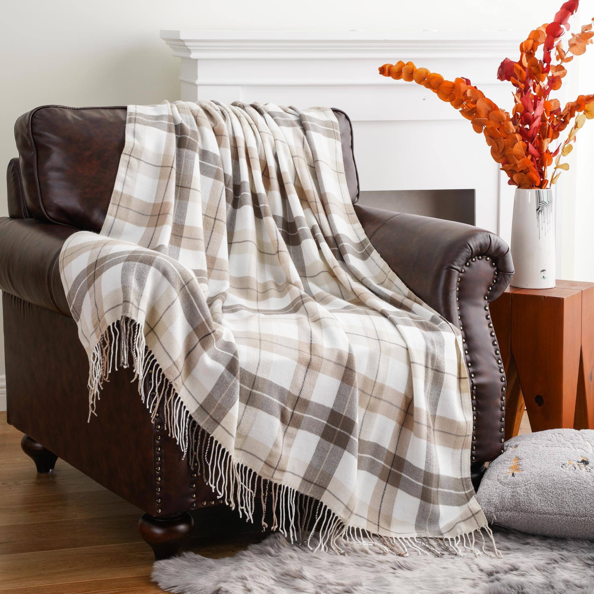Alt View 3. Pacoar Cade - Fall Plaid Throw Blanket For Couch Farmhouse Checkered Decor Lightweight Beige Blankets Bed Sofa Neutral x What You - Grey&white.