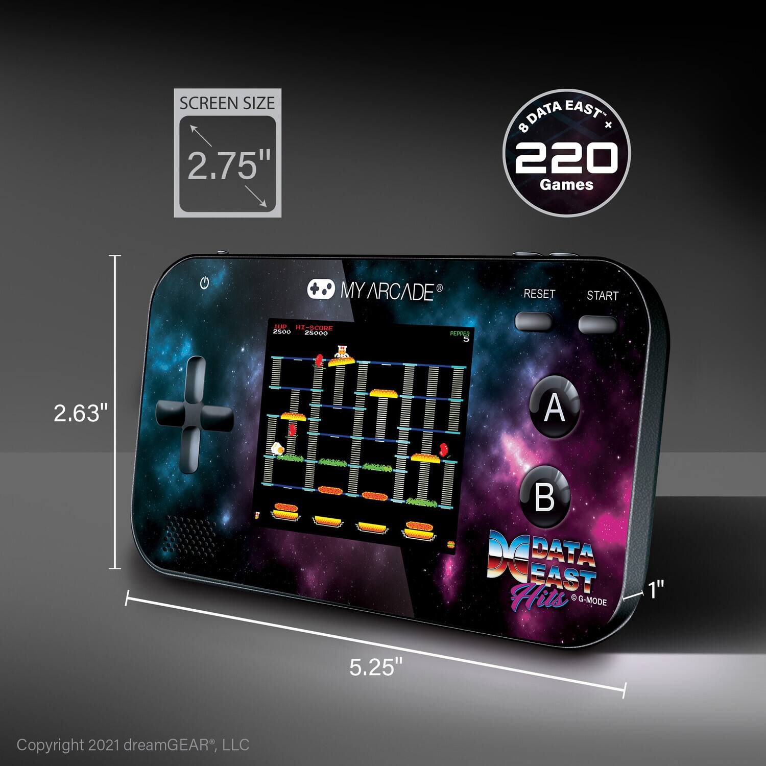 Sure, here is the corrected and grouped text from the image:

---

**SCREEN SIZE**  
2.75"  
2.63"  
5.25"  
1"

**DATA EAST**  
220 Games

**MY ARCADE**  
RESET  
START  
A  
B

**DATA EAST**  
Hits  
G-MODE

**Copyright 2021 dreamGEAR®, LLC**

---