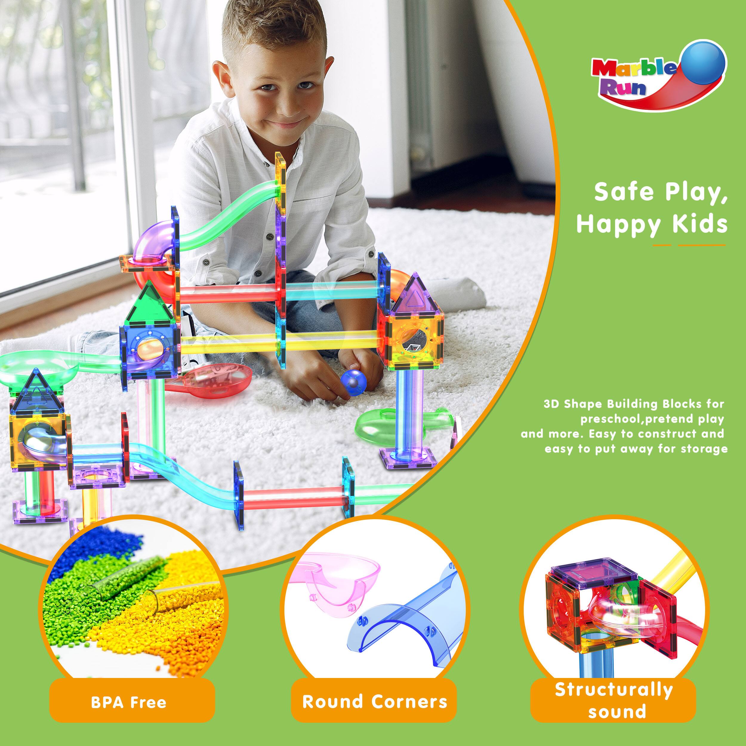 Marble Run Safe Play, Happy Kids

3D Shape Building Blocks for preschool, pretend play and more. Easy to construct and easy to put away for storage.

- BPA Free
- Round Corners
- Structurally sound