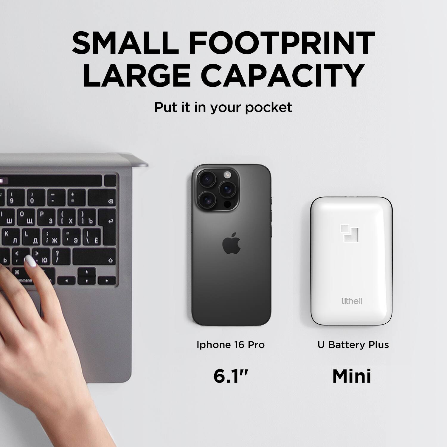 SMALL FOOTPRINT LARGE CAPACITY Put it in your pocket - Iphone 16 Pro U Battery Plus 6.1" Mini
