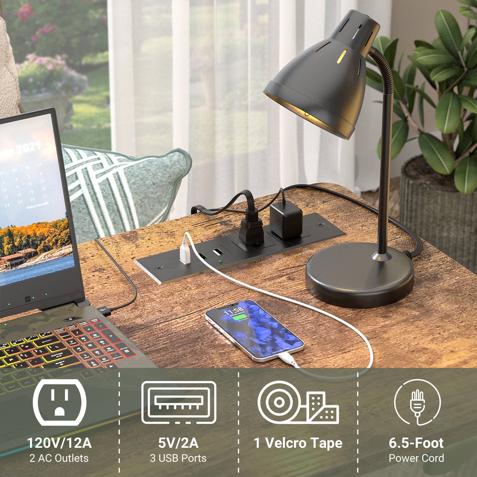 2021

120V/12A 2 AC Outlets  
5V/2A 3 USB Ports  
1 Velcro Tape  
6.5-Foot Power Cord