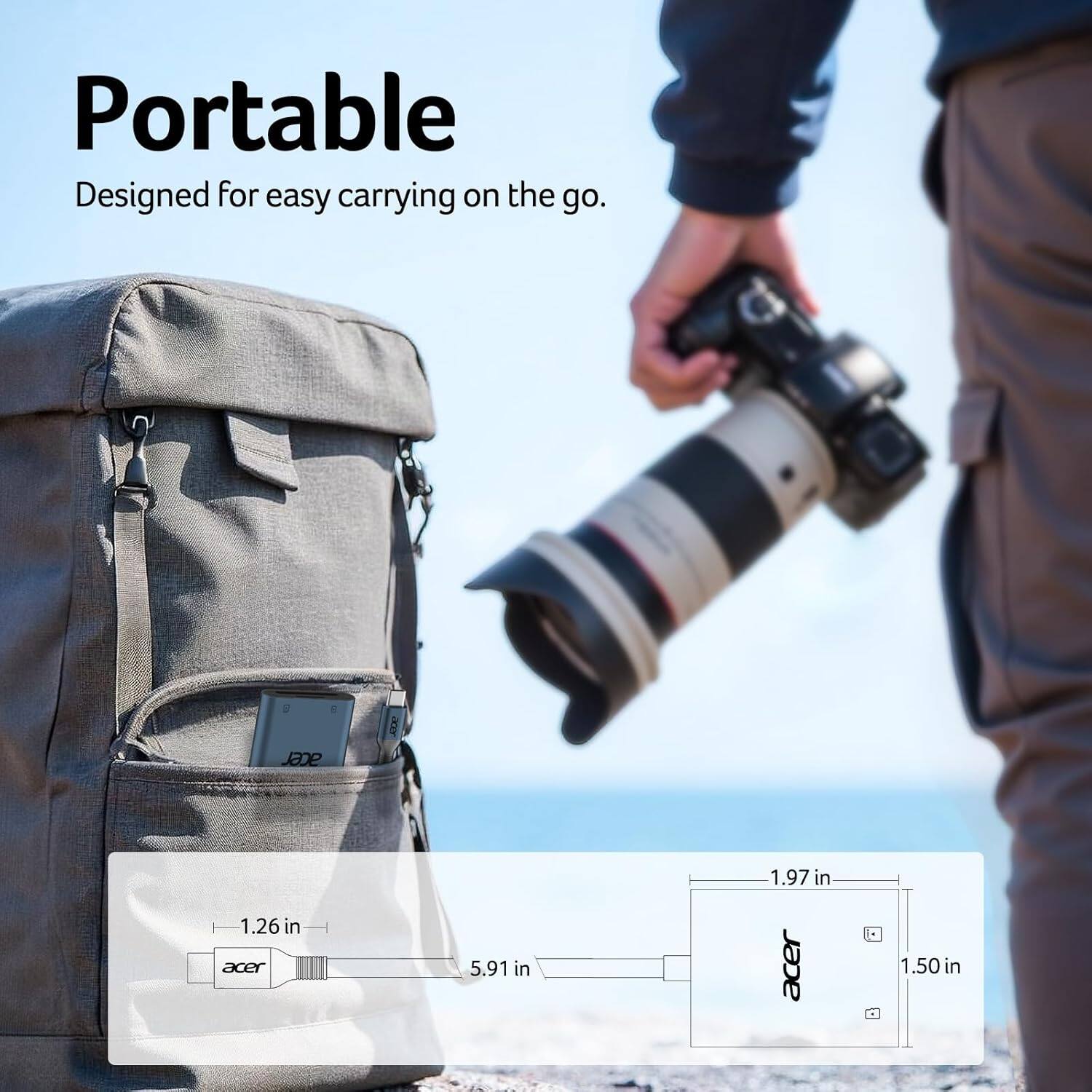 Portable  
Designed for easy carrying on the go.  

1.26 in  
5.91 in  
1.97 in  
1.50 in