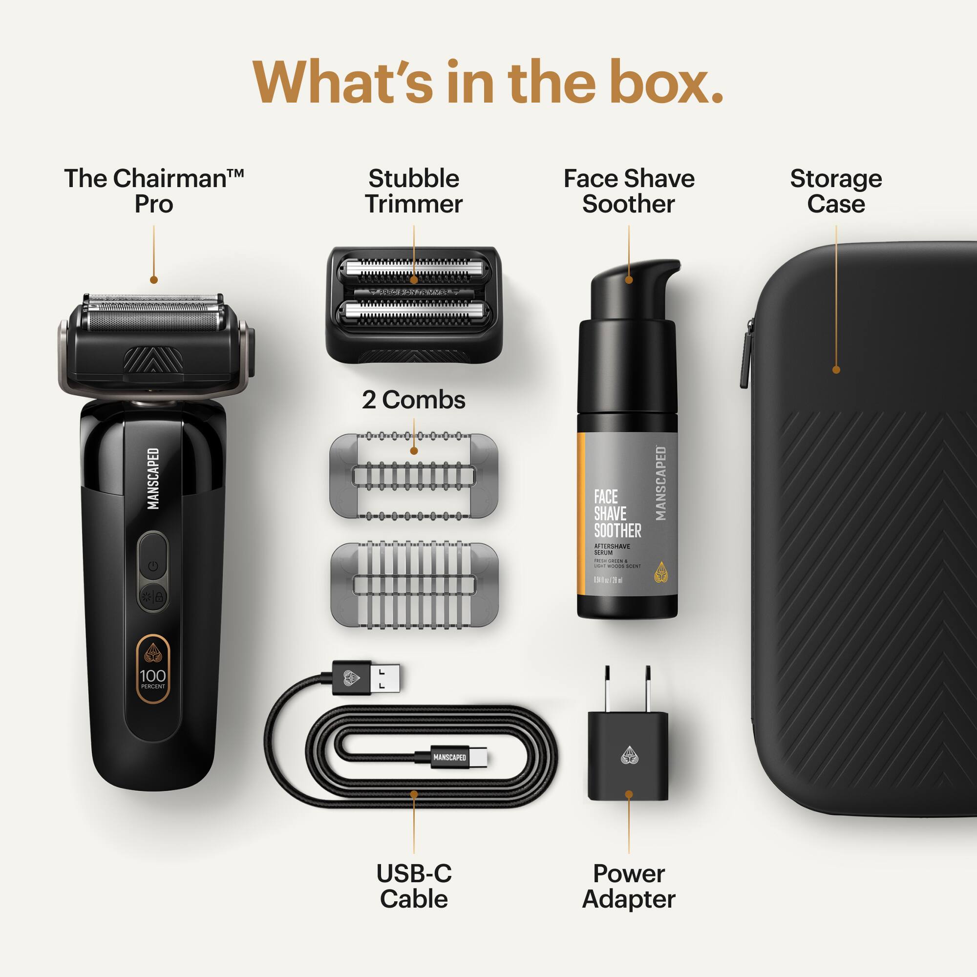 What's in the box: The Chairman Pro Stubble Trimmer, Face Shave Soother, Storage Case, 2 Combs, Shave Face, Manscaped Soother, USB-C Cable, and Power Adapter.