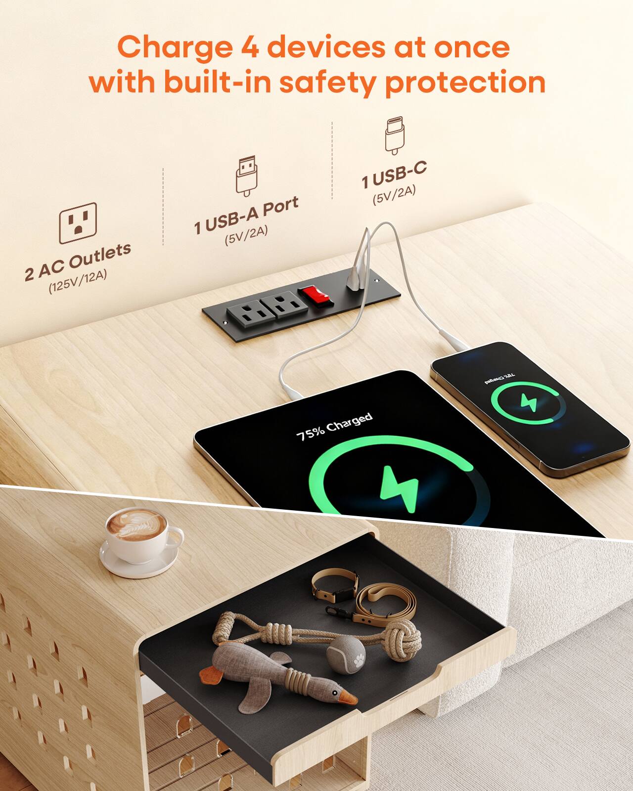 Charge 4 devices at once with built-in safety protection

2 AC Outlets (125V/12A)
1 USB-A Port (5V/2A)
1 USB-C (5V/2A)

75% Charged