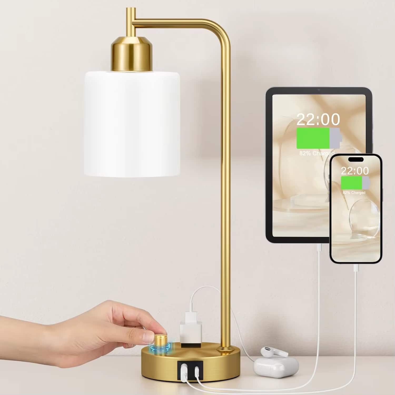 Luckbyte - Fully Dimmable Industrial Bedside Table Lamp with USB Port AC Outlet and Opal Glass Shade for Nightstand Home Office