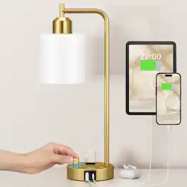 Luckbyte - Fully Dimmable Industrial Bedside Table Lamp with USB Port AC Outlet and Opal Glass Shade for Nightstand Home Office