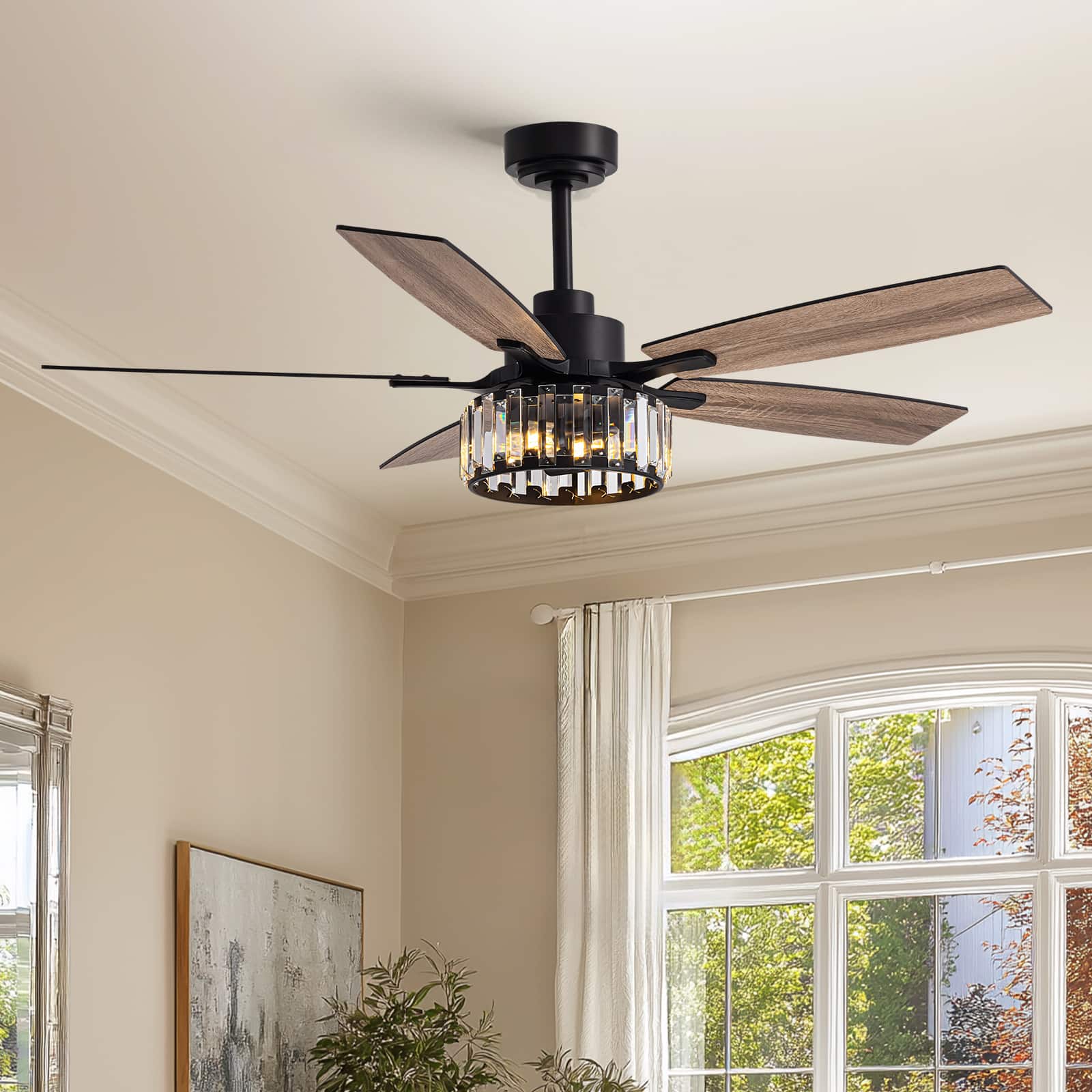 Siljoy - 52-Inch Modern Double Layer Crystal Cage Ceiling Fan with Light for Living Room Bedroom and Kitchen - Black