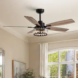 Siljoy - 52-Inch Modern Double Layer Crystal Cage Ceiling Fan with Light for Living Room Bedroom and Kitchen - Black