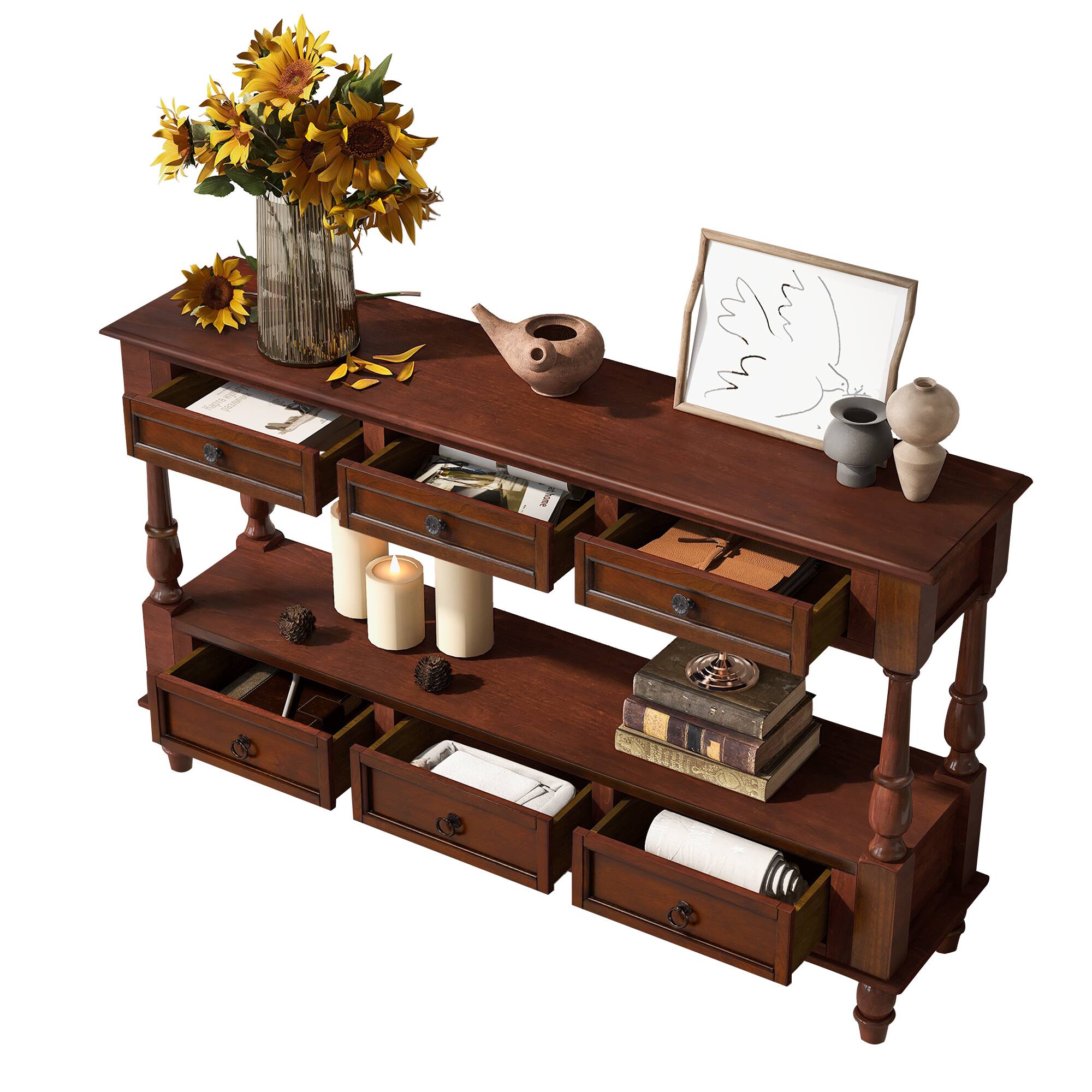 Left. GOODSILO - Vintage Style Solid Wood Console Table with Six Drawers and Two-Tier Shelf for Living Room and Entryway - Cherry.