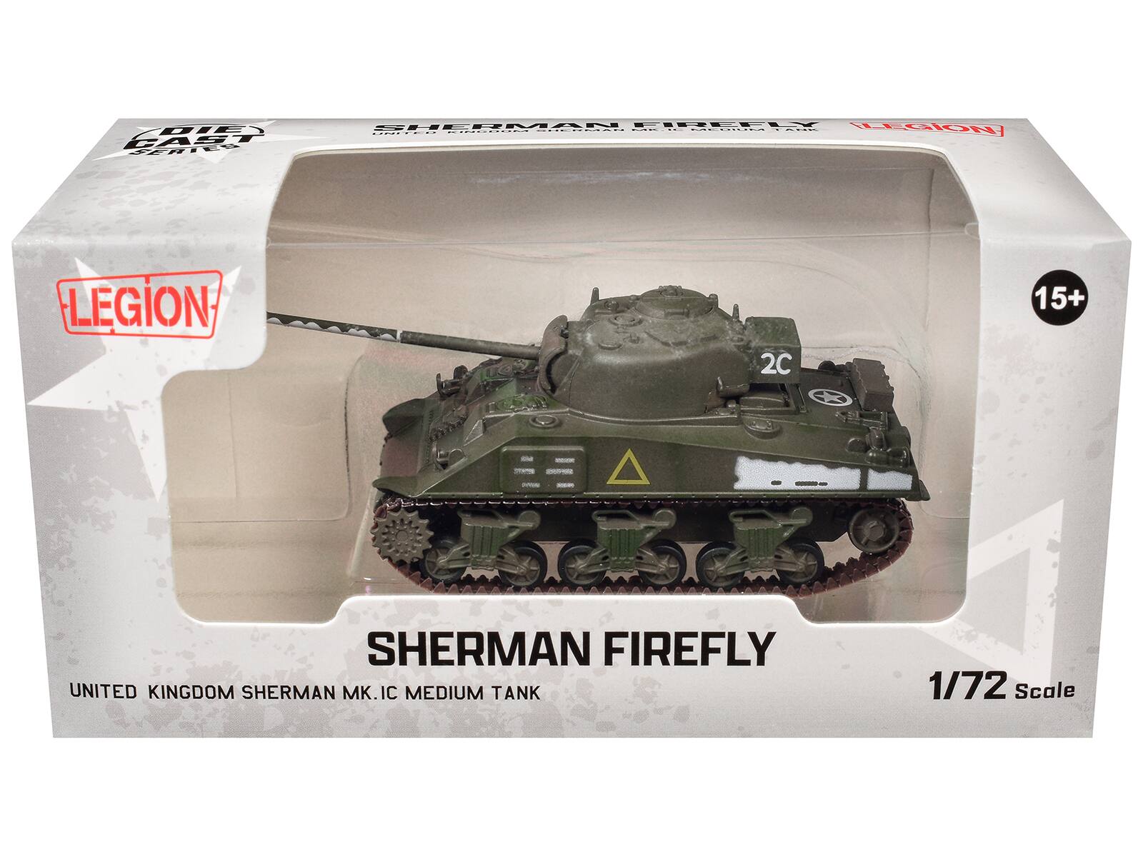 DIE CAST SRE SHEMMAN FL I: ....... E. I Coda ILEGION LEGION 2C x 15+ -i - - SHERMAN FIREFLY UNITED KINGDOM SHERMAN MK.IC IC MEDIUM TANK 1/72 Scale