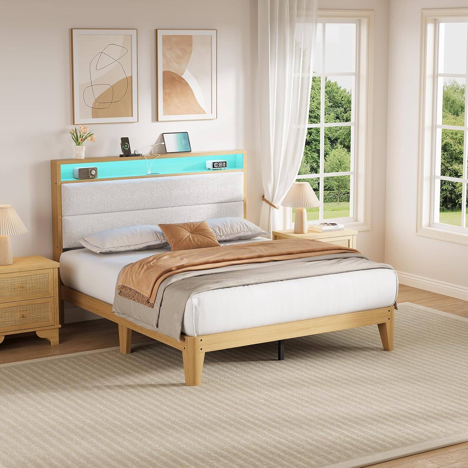 Alt View 4. Homhougo - Full Size White Boucle Upholstered Bed Frame with LED & Charging Station, Solid Wood Slats, No Box Spring Needed - White.