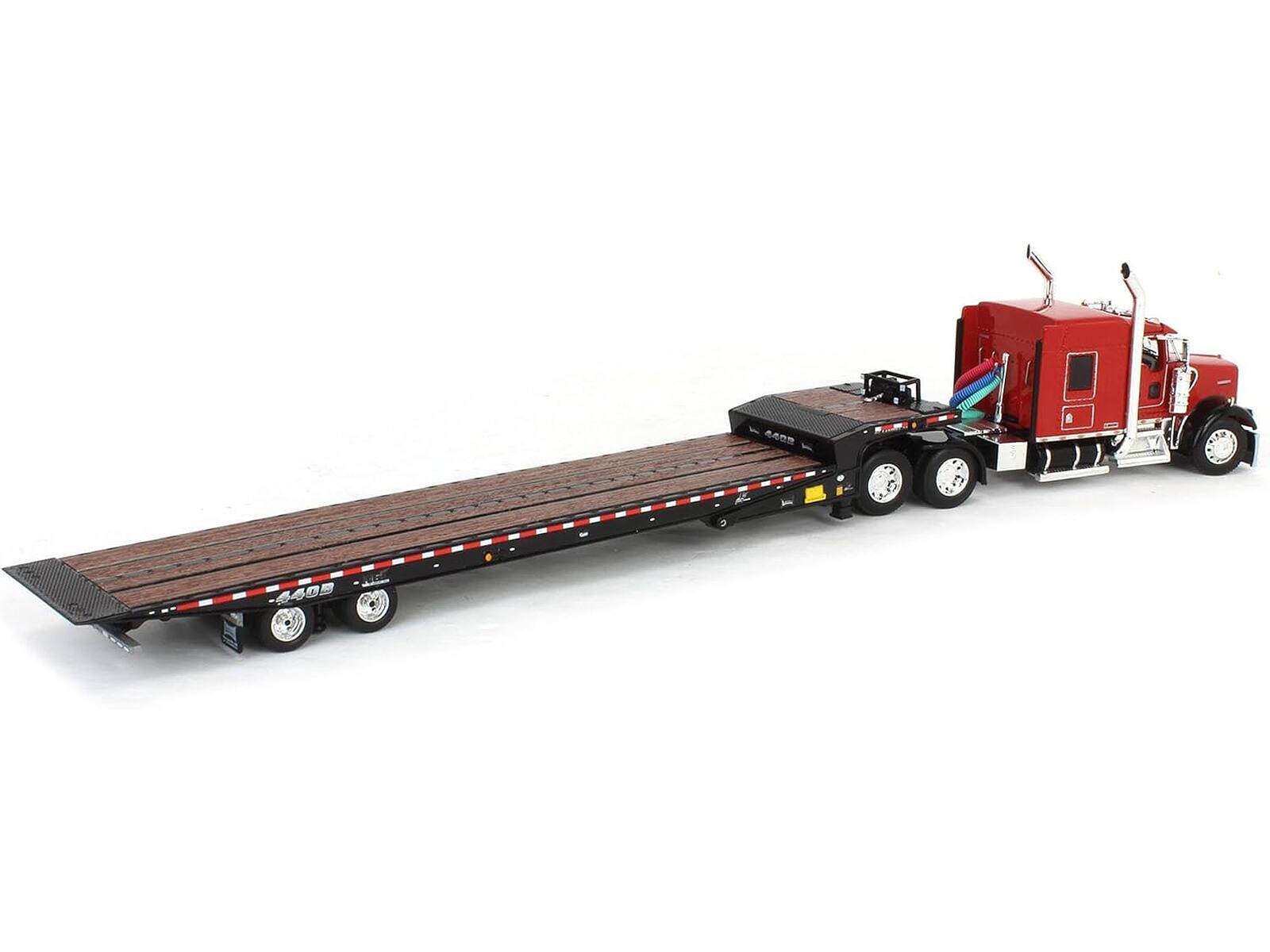 Back. First Gear - Kenworth W900L with 72 AeroCab Sleeper and Landoll 440B50CA Traveling Axle Trailer Viper Red and Black 1/64 - Red .